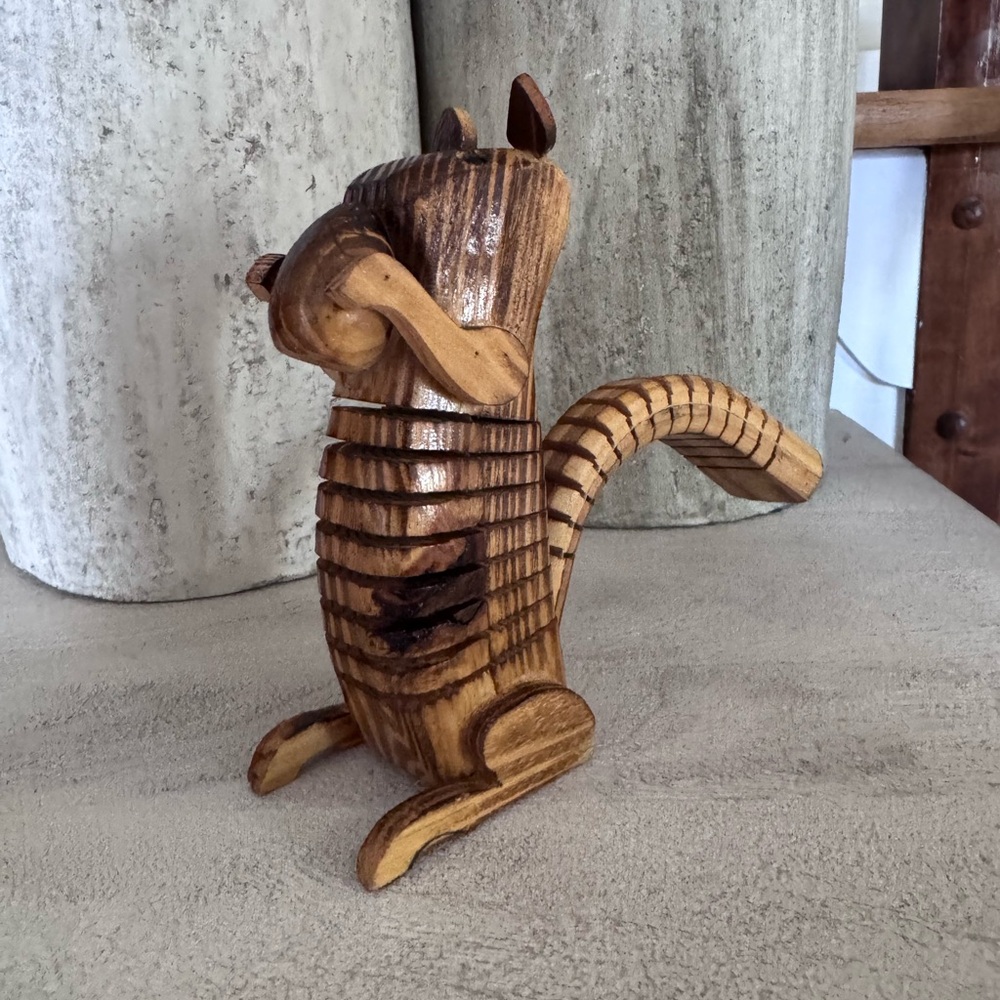 Vintage Folk Art Hand-Carved Wooden Accordion Squirrel Figurine - Natural Brown